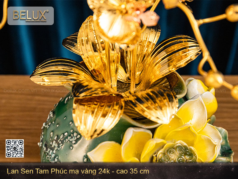 Chậu Lan Sen Tam Phúc mạ vàng 24k cao 35cm&nbsp;